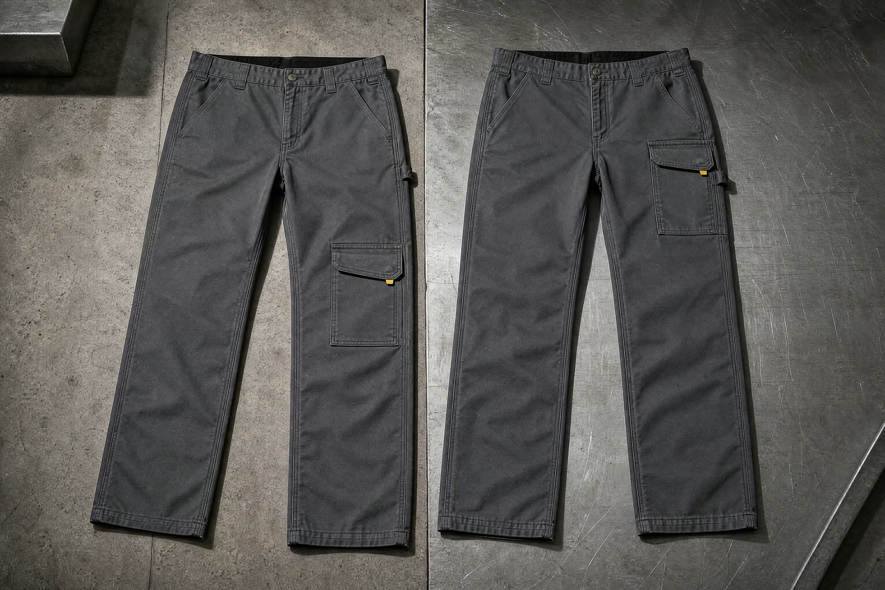 Two identical pairs of work trousers laid flat side by side, one with the thigh pocket set low and one with it set higher.